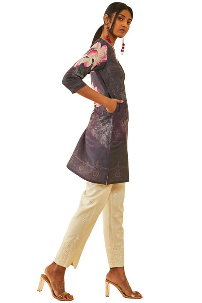 Soch Womens Purple Muslin Blend Floral Printed Kurta With Embellishment