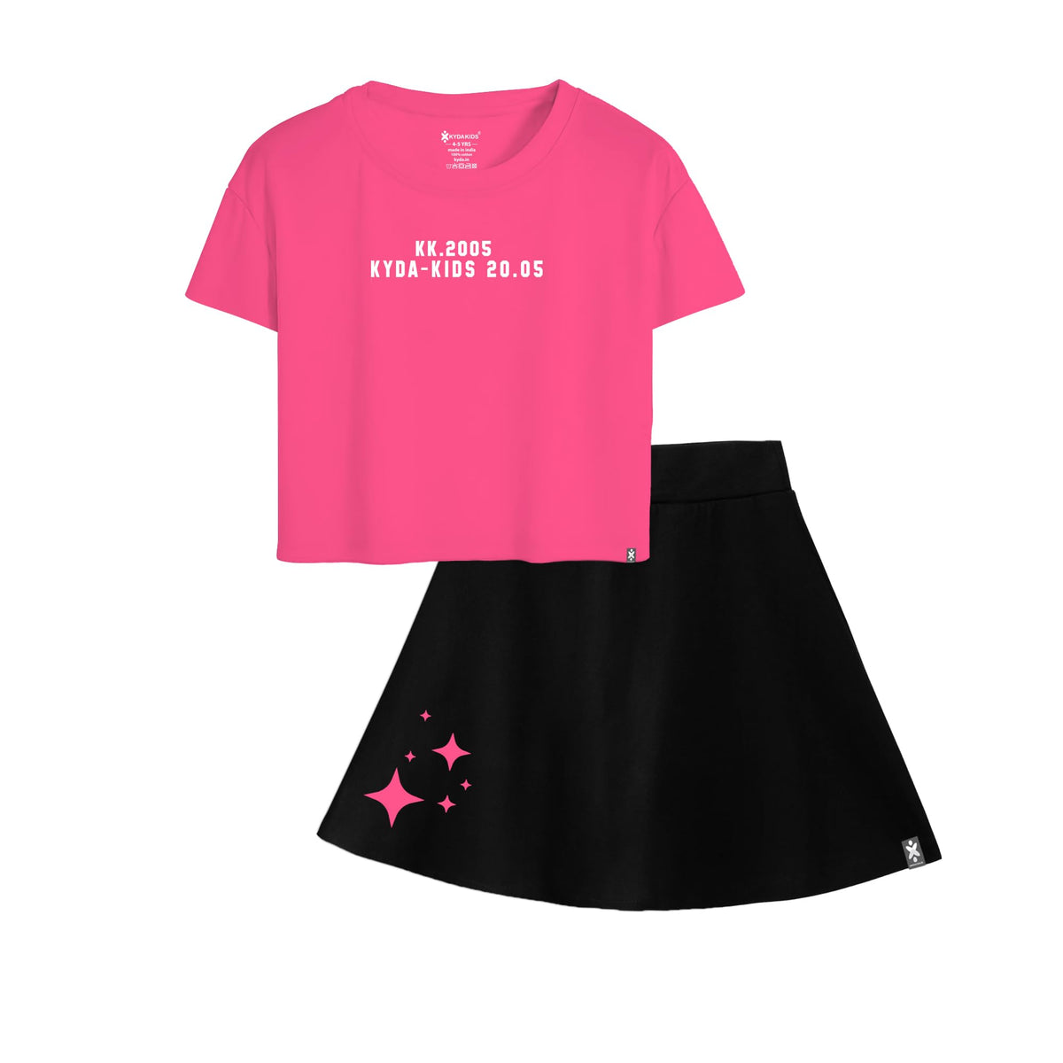 Kyda Kids100% Pure Cotton Girls Skirt With Attached Inner Shorts Premium Pink Printed Crop Top And Short Co-Ords Set For Summer