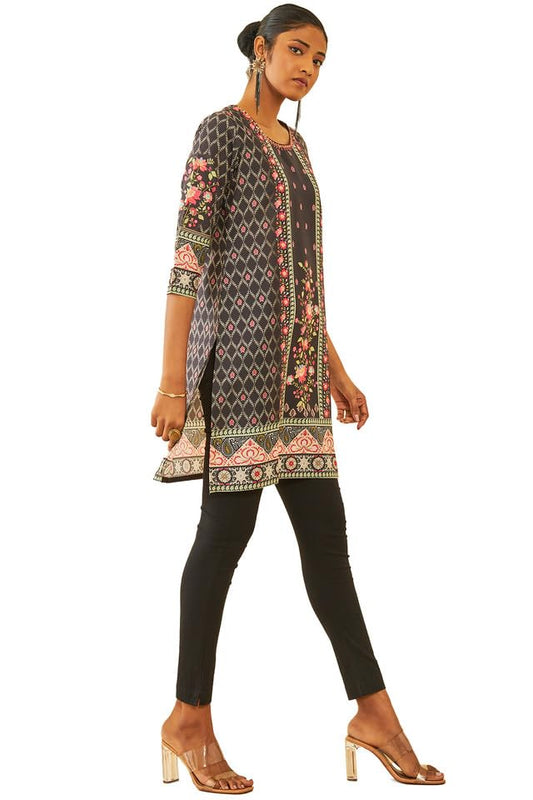 Soch Womens Black Muslin Blend Floral Printed Kurta with Embellishment