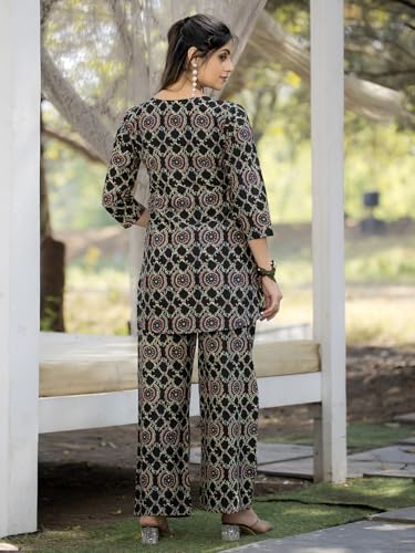 Pinkmint Pure Cotton Co Ord Set for Women l 3/4 Sleeve Printed Comfortable & Stylish Trendy Top & Bottom Matching Set Black