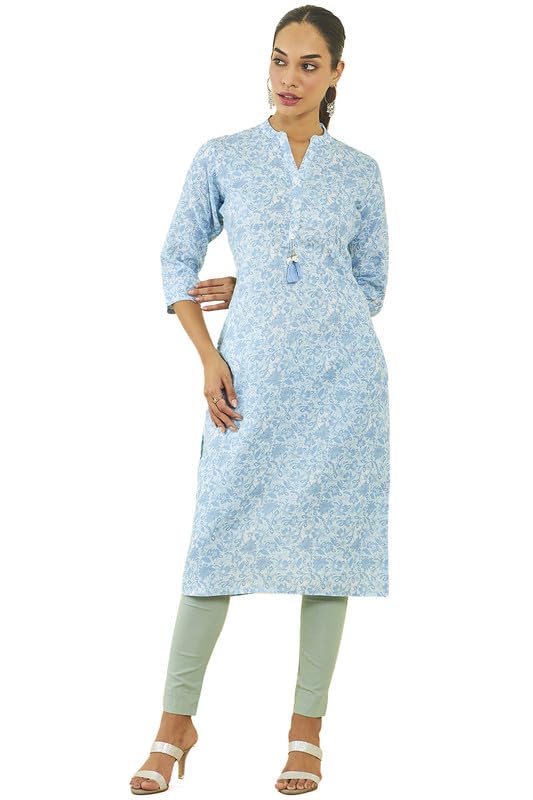 Soch Womens Powder Blue Poly Cotton Floral Print Straight Kurta with Tassel Accent