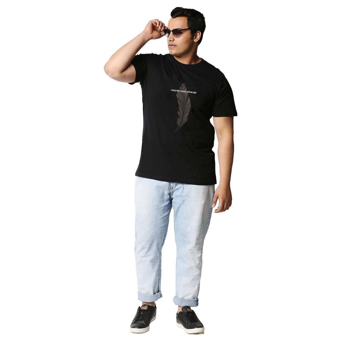 Bewakoof MenS Create Good Stories Graphic Print 100% Cotton Plus Size T-Shirt- Regular Fit, Round Neck, Half Sleeve Black