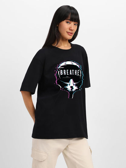 Juneberry Pure Cotton Round Neck Half Sleeve Oversized Baggy Fit Drop Shoulder Front Printed Black T-Shirt For Women (Os_J_Brth_