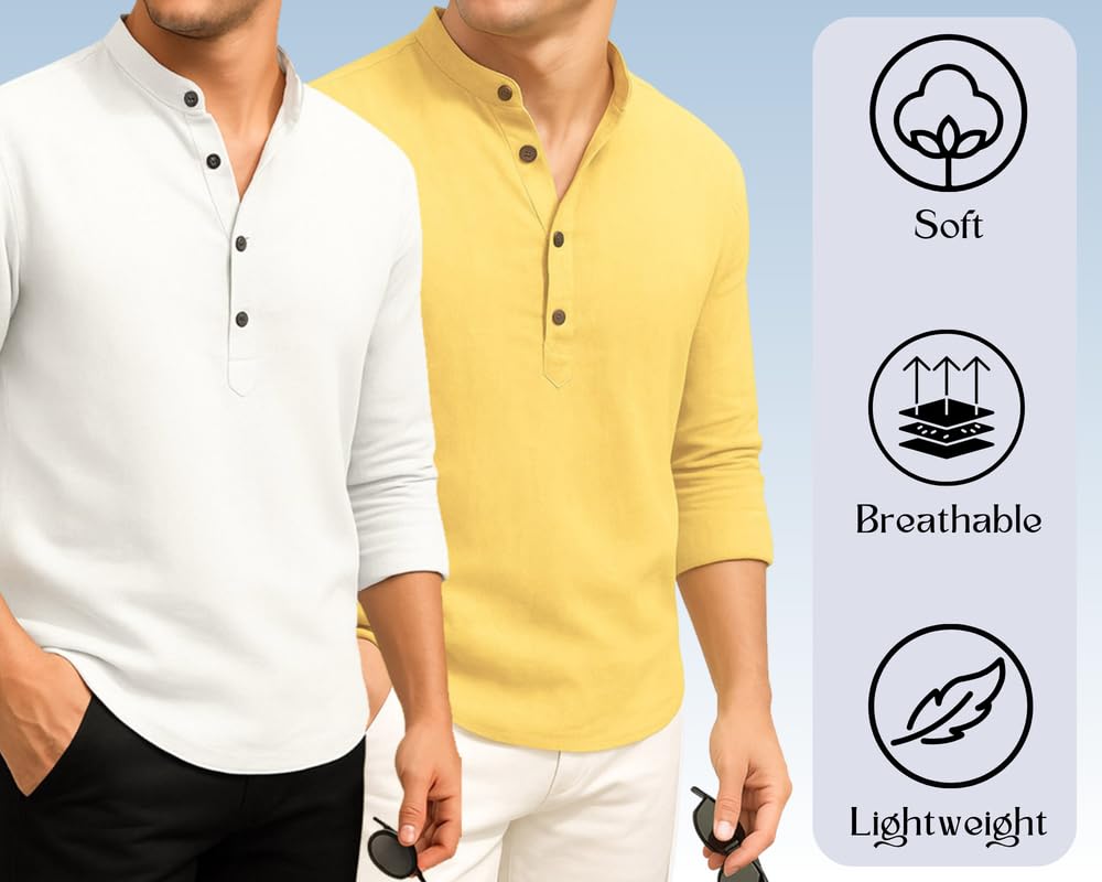 Deelmo Combo Of MenS Cotton Blend Solid Regular Fit Full Sleeve Short Kurta | MenS Trendy Short Kurta Pack Of 2 White - Yellow