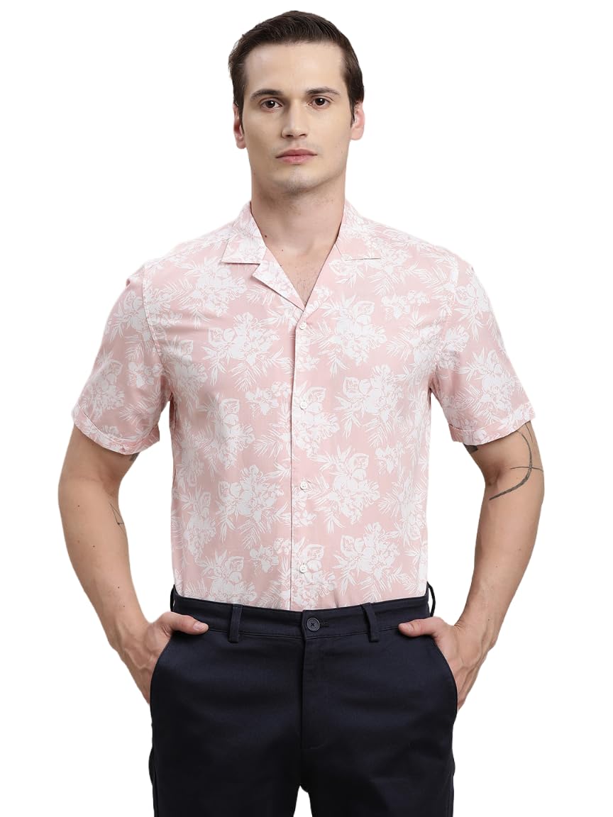 Turtle Men Light Pink Printed Half Sleeve Slim Fit Cotton Tencel Casual Shirt