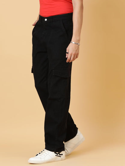 Kotty MenS Solid Mid Rise Straight Fit Stylish Looking Cargo Jeans(Black,28)