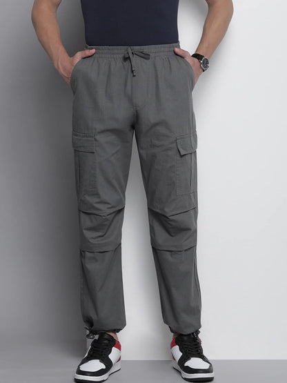 The Indian Garage Co Men Relaxed Fit Solid Mid-Rise Elasticated Cargos Ash Grey