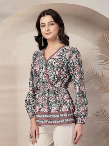 Style Quotient Women Floral Printed Green and Multi Polyviscose Peplum Tunic Top