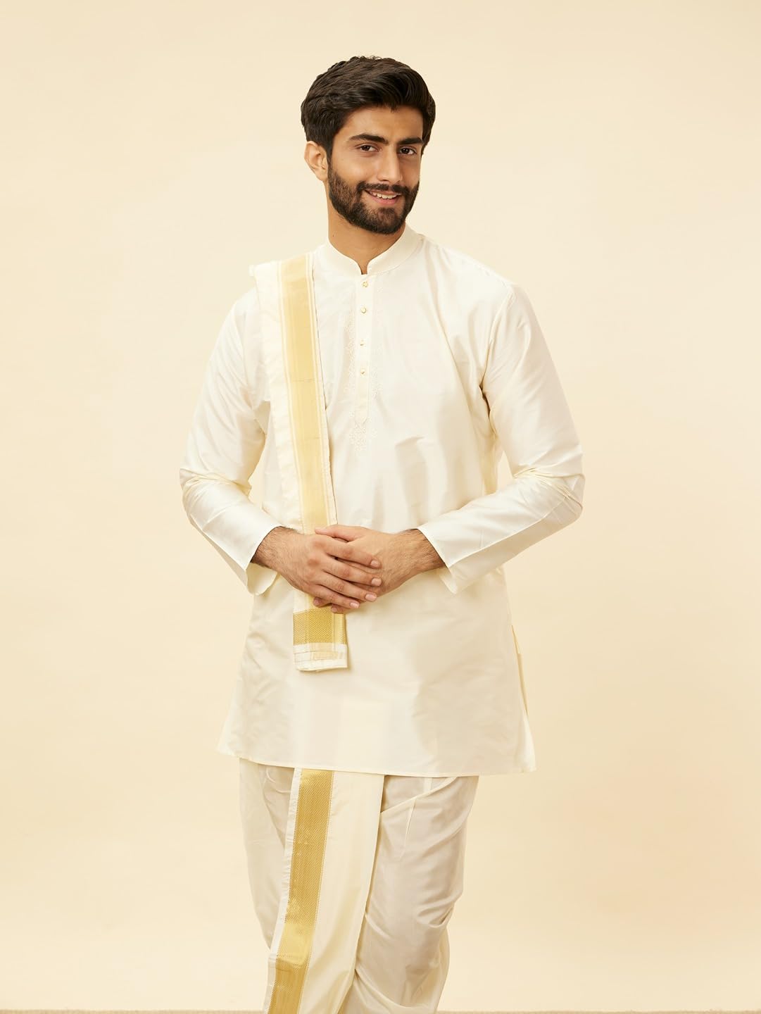 Manyavar Mens Cream Art Silk Solid Kurta Pancha Set