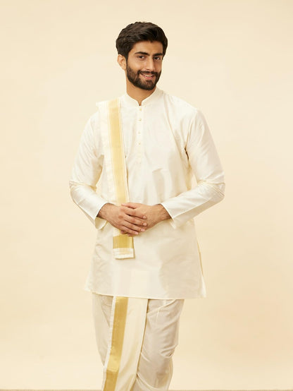 Manyavar Mens Cream Art Silk Solid Kurta Pancha Set