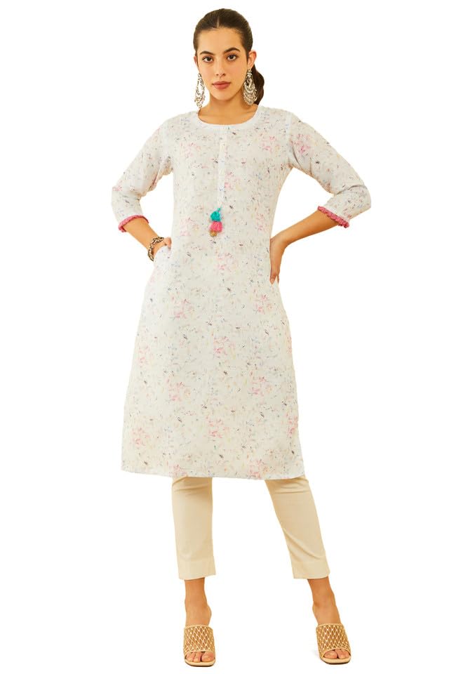 Soch Womens White Viscose Blend Botanical Printed Kurta With Tassels