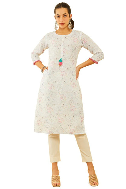 Soch Womens White Viscose Blend Botanical Printed Kurta With Tassels