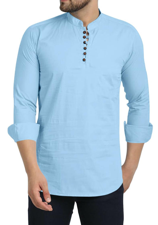 Royalscout MenS Cotton Blend Full Sleeve Short Kurta With Mandarin Collar Sky