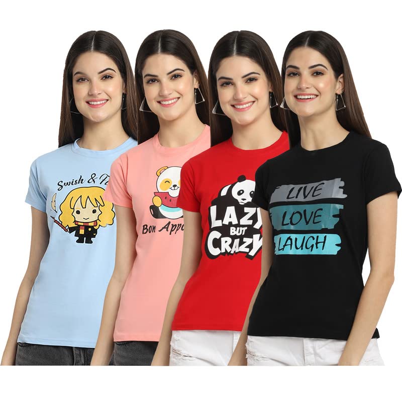 Preneum Womens Cotton Regular Fit Latest Graphic Stylish Printed Short Sleeves Casual T-Shirt || Trendy & Latest Style (Pack 4)