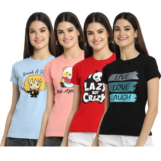 Preneum Womens Cotton Regular Fit Latest Graphic Stylish Printed Short Sleeves Casual T-Shirt || Trendy & Latest Style (Pack 4)