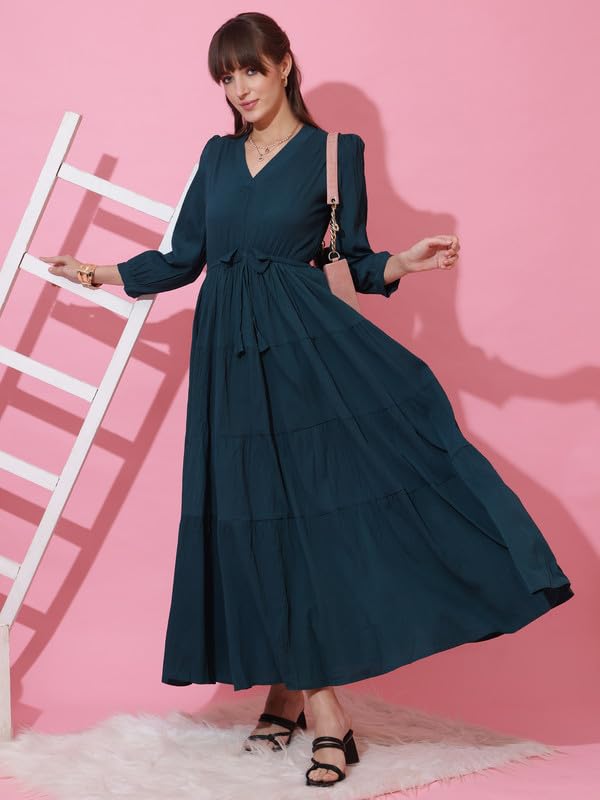 Sheetal Associates WomenS Casual 3/4 Sleeve Crepe Fit And Flare Dress| Comfortable Relaxed Fit Summer Party Dress Dark Green