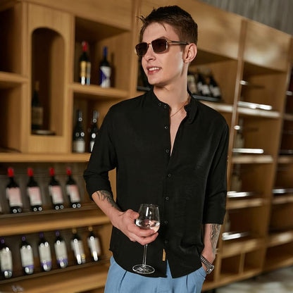 Campus Sutra Mens Obsidian Black Breezy Mandarin Shirt for Casual Wear | Mandarin Collar | Long Cuffed Sleeves | Button Closure