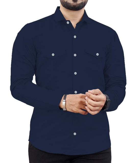 Rebelify MenS Cotton Blend Shirt With Pockets Full Sleeves Collared Neck Solid Pattern Botton Down Closure Regular Fit And Stan
