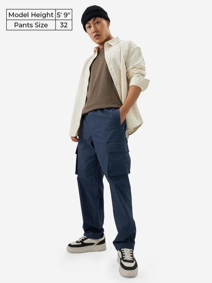The Souled Store Navy Blue Men and Boys Buttoned Straight Fit Cargo Ripstop Joggers