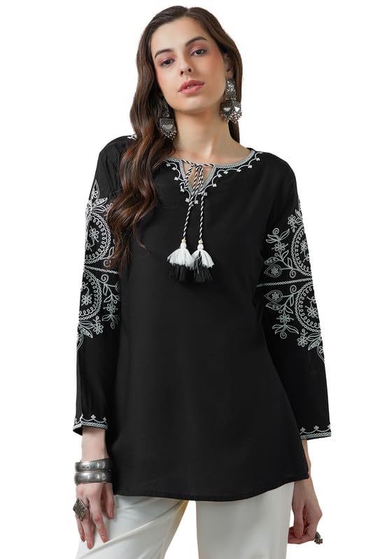 Soch Womens Black Rayon Embroidered Tunic with Tassels