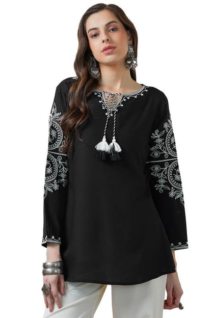 Soch Womens Black Rayon Embroidered Tunic with Tassels