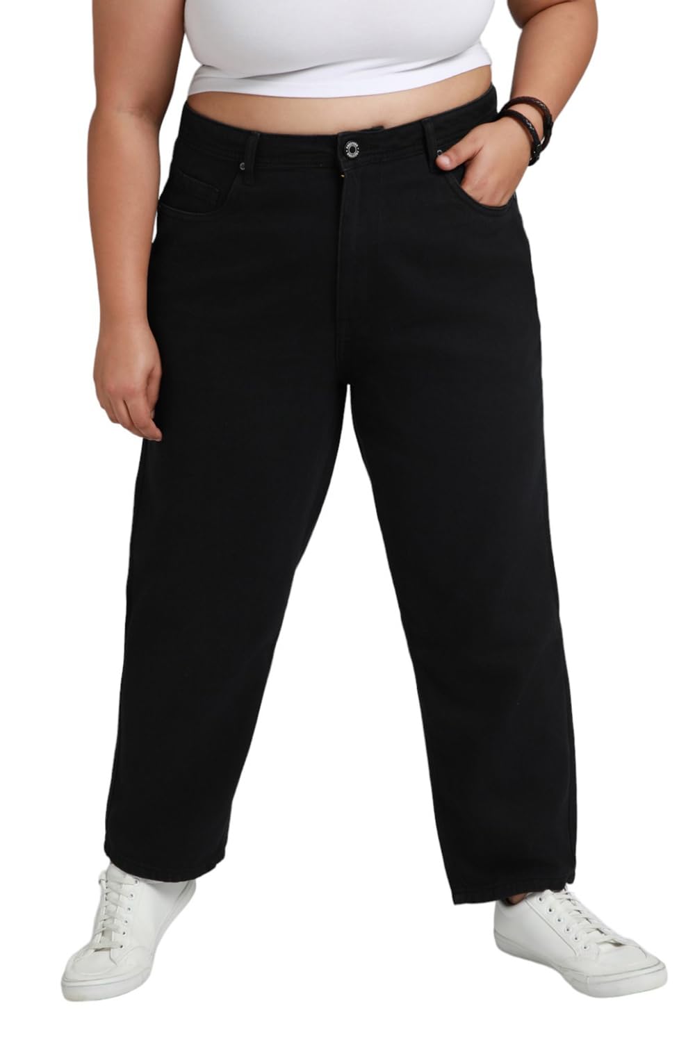 High Star Women Plus Size Mom Fit High-Rise Stretchable Jeans Black