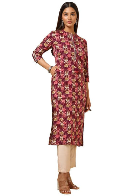 Soch Women's Rayon Straight Fit Floral Print Kurta with Faux Mirror