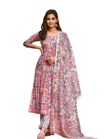 Pinkmint Abstract Printed Anarkali Kurta & Stright Kurta with Fancy Dupatta Set for Women Pink