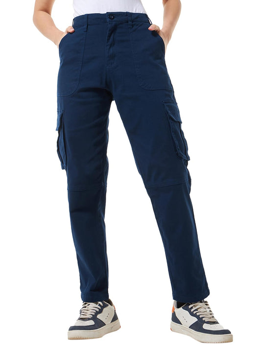 Bewakoof Womens Solid Regular Fit Cotton Blend Cargo Pants_ 620014 Blue_ 30