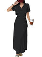 Shasmi Womens Black Solid Color Applique Lace-Up Collared Short Sleeve, Side-Tie Waist Long Casual Maxi Women Dress Outfit Long