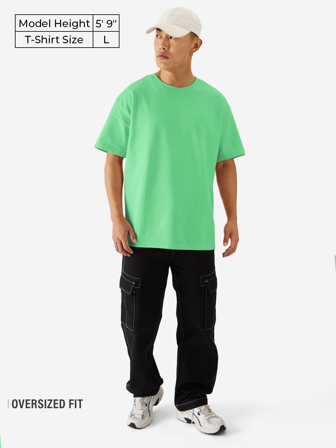 The Souled Store Solids: Spring Bud Green Drop Shoulder Short Sleeves Round Neck Cotton Oversized Baggy T-Shirts for Men and Boy