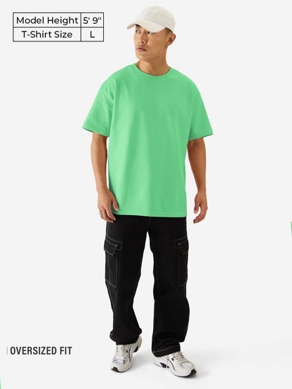 The Souled Store Solids: Spring Bud Green Drop Shoulder Short Sleeves Round Neck Cotton Oversized Baggy T-Shirts for Men and Boy