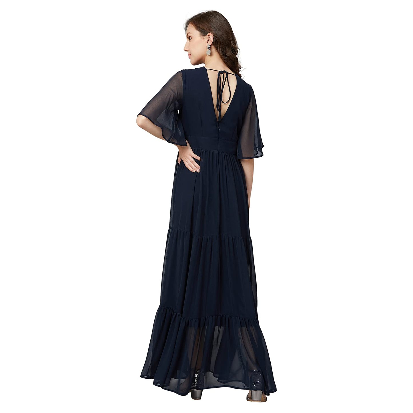 Rare Women'S Georgette Fit And Flare Maxi Casual Dress (Ep6216_Navy Blue)