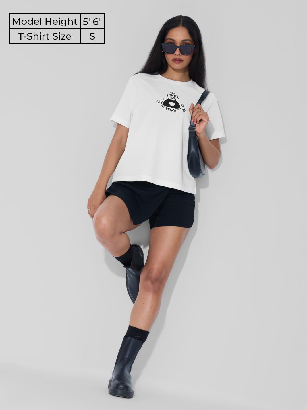 The Souled Store Textured T-Shirt: Kung Fu Panda Peace Women and Girls Short Sleeves Round Neck White Embroidered Cotton Relaxed