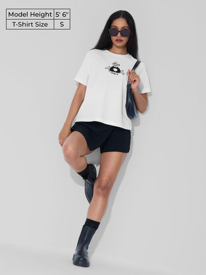 The Souled Store Textured T-Shirt: Kung Fu Panda Peace Women and Girls Short Sleeves Round Neck White Embroidered Cotton Relaxed