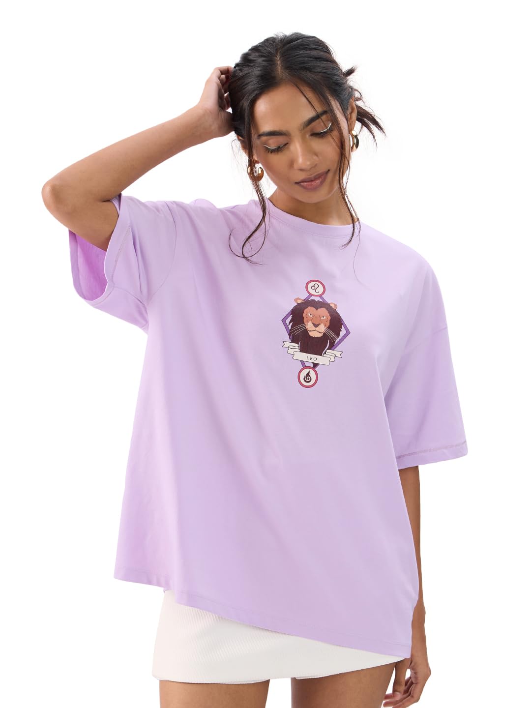 The Souled Store Zodiac: Leo Women and Girls Short Sleeves Round Neck Purple Graphic Printed Cotton Oversized T-Shirts