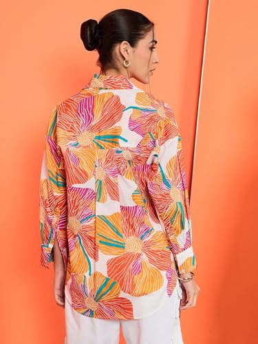 Sugathari Womens Orange Print Sunset Floral Oversized Cotton Shirt  Casual Vacation Wear with Balloon Sleeves & Button-Down Fro