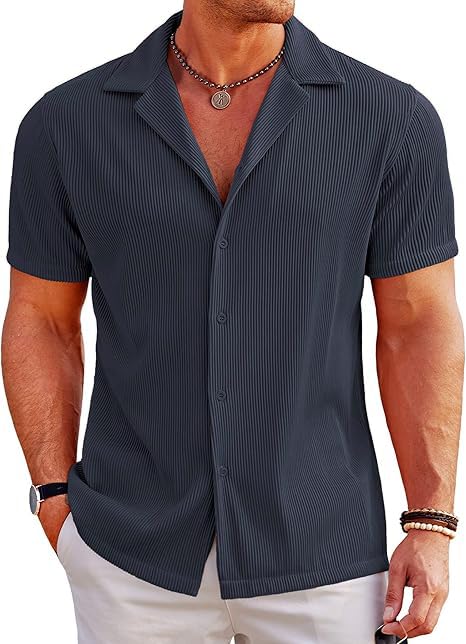 CB-COLEBROOK Mens Casual Button Down Shirts Short Sleeve Regular Fit Fashion Spread Beach Shirts Tops (in, Alpha, 2XL, Regular,
