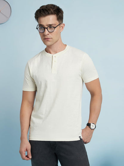 Dennis Lingo Men Cotton Slub Regular Fit Solid T-Shirts Off White