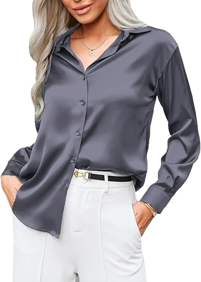 CB-COLEBROOK Womens Soft Satin Silk Button Down Shirts for Women Silky Long Sleeve Work Shirt Dress Blouses Tops (in, Alpha, S,