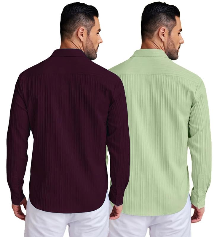 Deelmo Combo Of MenS Casual Button Down Shirts Long Sleeve Linen Shirt Fashion Textured Summer Shirts Pack Of 2