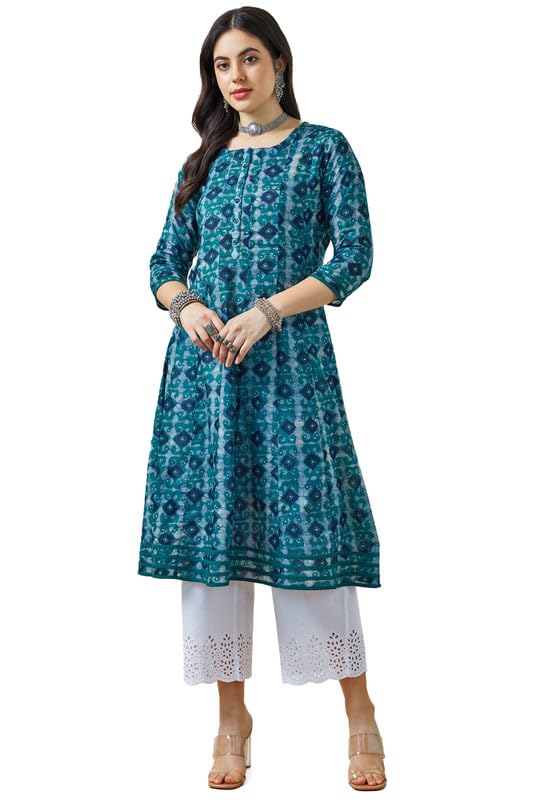 Soch Womens Teal Ajrak Print Cotton Slub Panelled Kurta