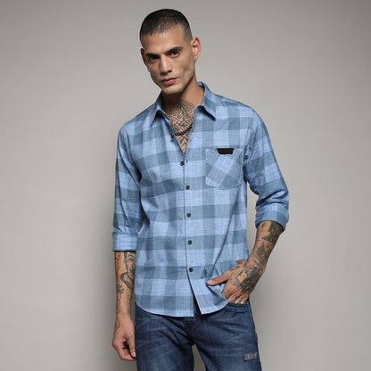 Campus Sutra Mens Blue Checks Button Up Regular Fit Shirt for Casual Wear | Cotton Spread Collar Shirt Crafted with Regular Sle