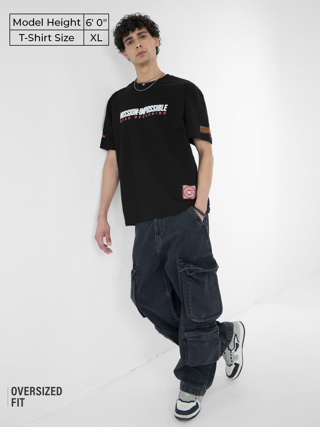 The Souled Store Mission Impossible: Ethan Hunt Men and Boys Short Sleeves Round Neck Black Graphic Printed Cotton Oversized T-S