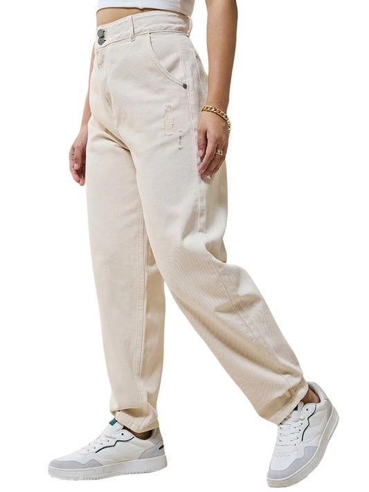 Bewakoof Womens Solid Tapered Fit Cotton Baggy Jeans_625165_Beige_26