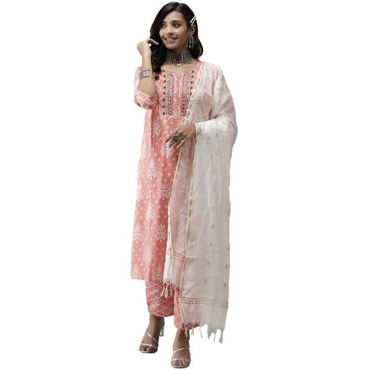anubhutee Women's Pink Ethnic Motifs Printed Regular Pure Cotton Kurta Suit Set with Palazzos & Dupatta