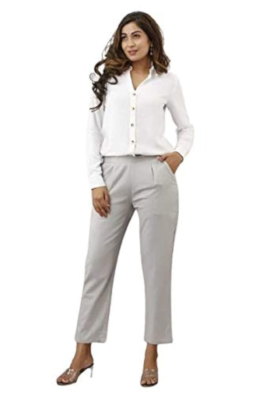 Digital Shopee Regular Fit Women S Pure Cotton Trousers Pants For Everyday Use, College Wear, Office, Casual Wear, Light Grey,