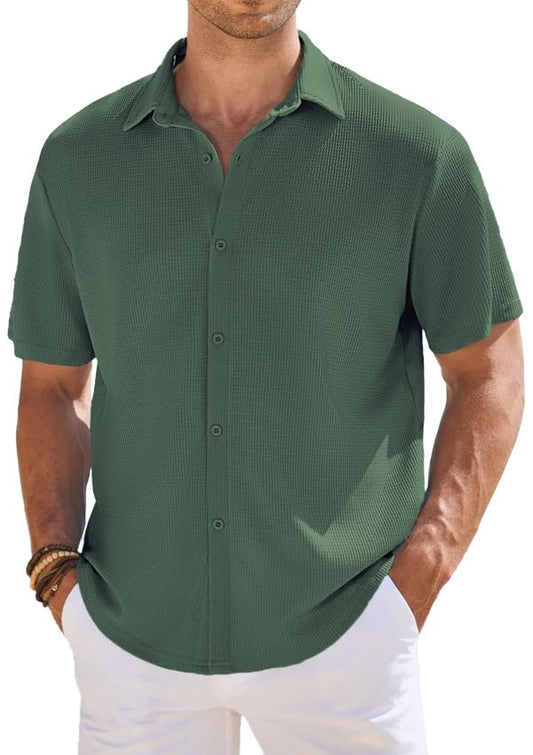 CB-COLEBROOK Mens Waffle Knit Textured Button-Down Wrinkle Free Casual Shirts, Short Sleeves, Summer Beach Tops (in, Alpha, L,