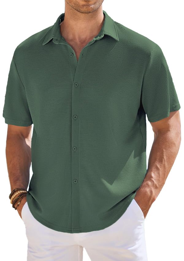 CB-COLEBROOK Mens Waffle Knit Textured Button-Down Wrinkle Free Casual Shirts, Short Sleeves, Summer Beach Tops (in, Alpha, XL,