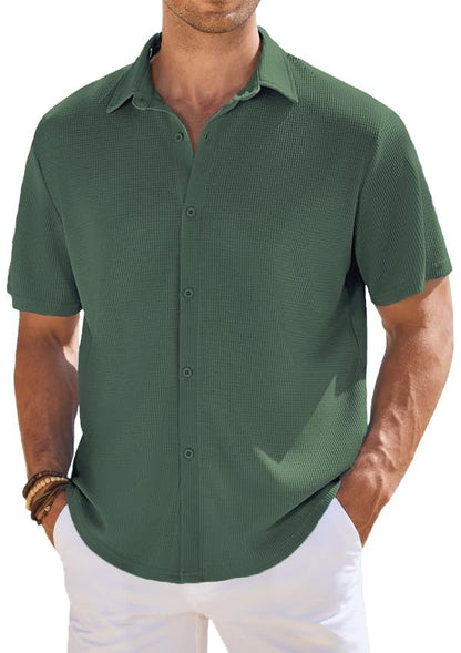 CB-COLEBROOK Mens Waffle Knit Textured Button-Down Wrinkle Free Casual Shirts, Short Sleeves, Summer Beach Tops (in, Alpha, XL,